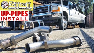 2001 F350 73  RiffRaff UpPipes Install  Stock up pipes leaking and falling apart JUNK SP [upl. by Repsaj]